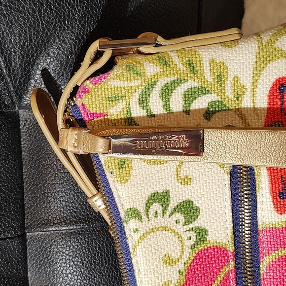 Spartina 449 Off White Floral Linen Bag With Gold Leather 23" Strap - Picture 4 of 12